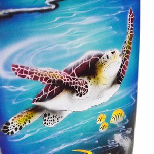 Hand Carved Wooden Large SEA TURTLE Palm Tree Sunset Ocean Coral Fish Surfboard